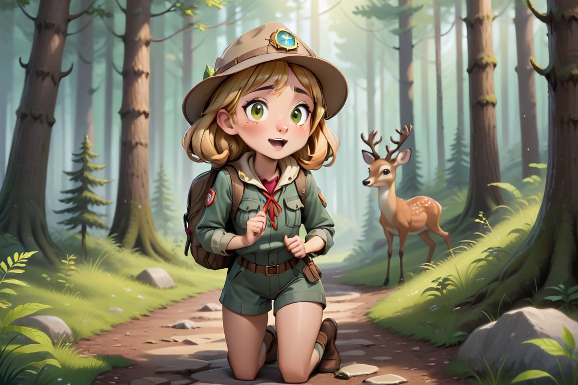 Generate a girl named Gibree who is a cheerful little forest guide standing at the entrance of the forest. She should be d...