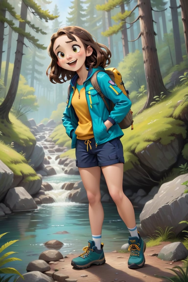 Generate a girl named Gibree who is a cheerful little forest guide standing at the entrance of the forest. She should be d...