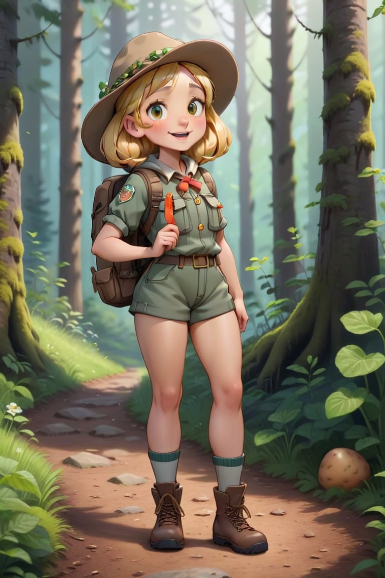 Generate a girl named Gibree who is a cheerful little forest guide standing at the entrance of the forest. She should be d...