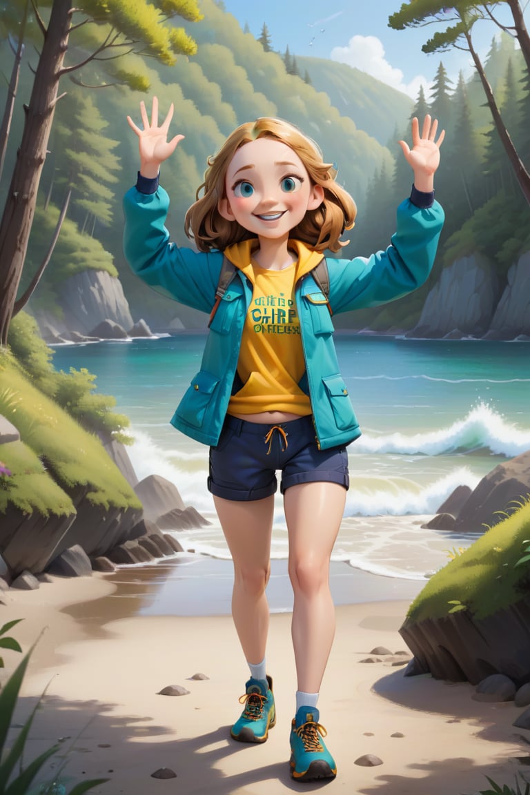 Generate a girl named Gibree who is a cheerful cute little forest guide standing at the entrance of the forest. She should...