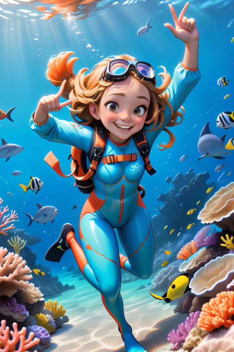 Generate a girl named Gibree who is a cheerful little ocean guide She should be dressed in an traditional scuba diving out...