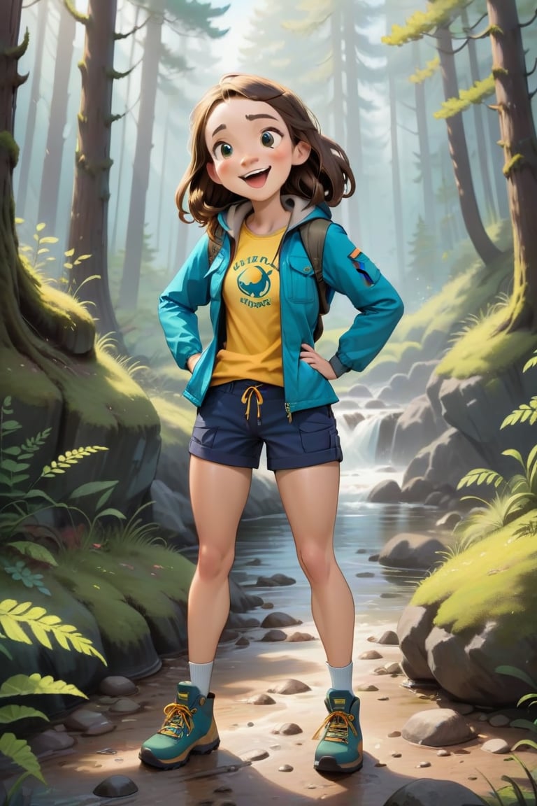 Generate a girl named Gibree who is a cheerful little forest guide standing at the entrance of the forest. She should be d...