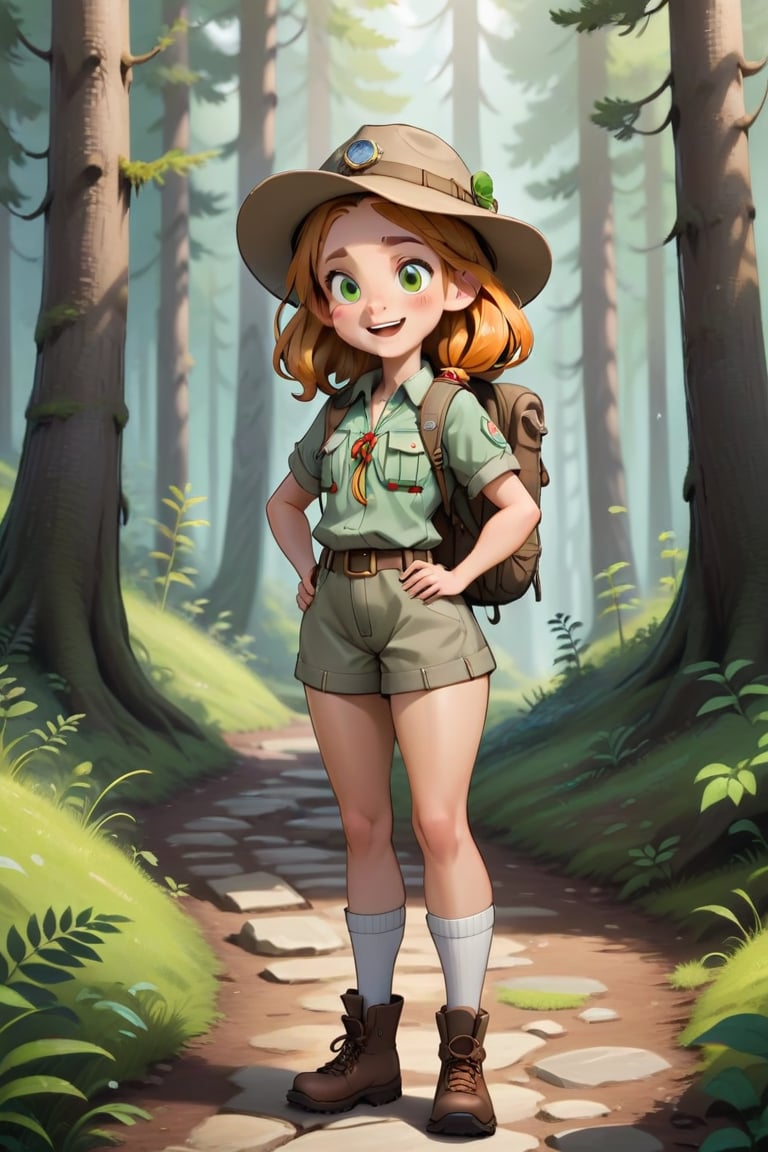 Generate a girl named Gibree who is a cheerful little forest guide standing at the entrance of the forest. She should be d...