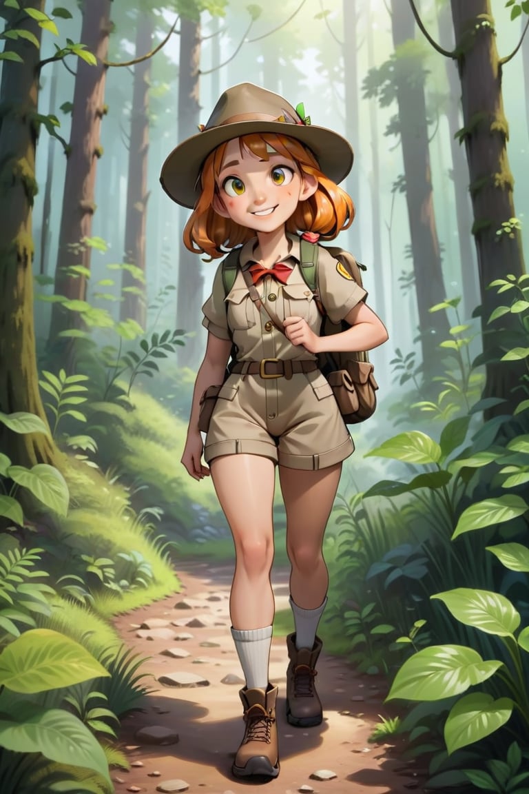 Generate a girl named Gibree who is a cheerful little forest guide standing at the entrance of the forest. She should be d...