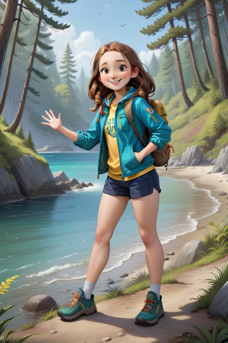 Generate a girl named Gibree who is a cheerful cute little forest guide standing at the entrance of the forest. She should...