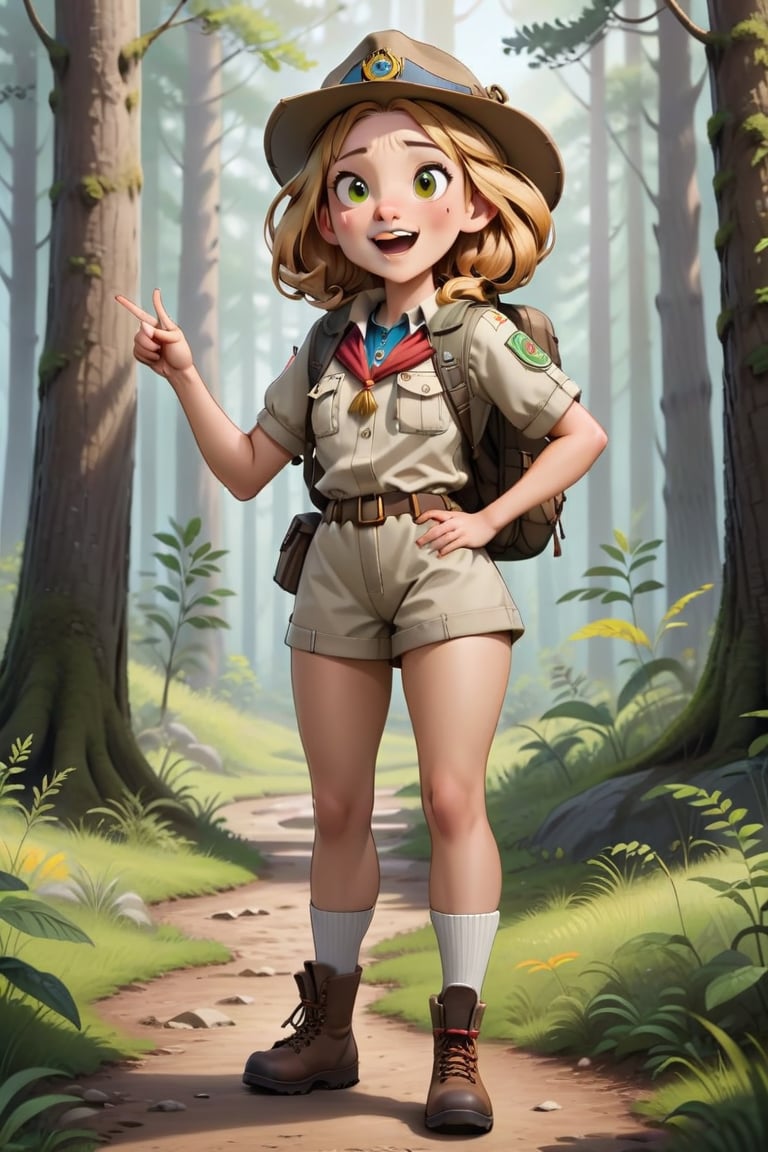 Generate a girl named Gibree who is a cheerful little forest guide standing at the entrance of the forest. She should be d...