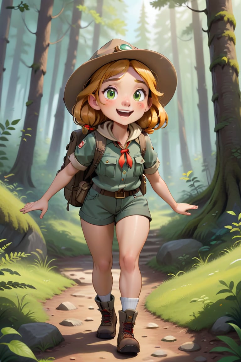Generate a girl named Gibree who is a cheerful little forest guide standing at the entrance of the forest. She should be d...
