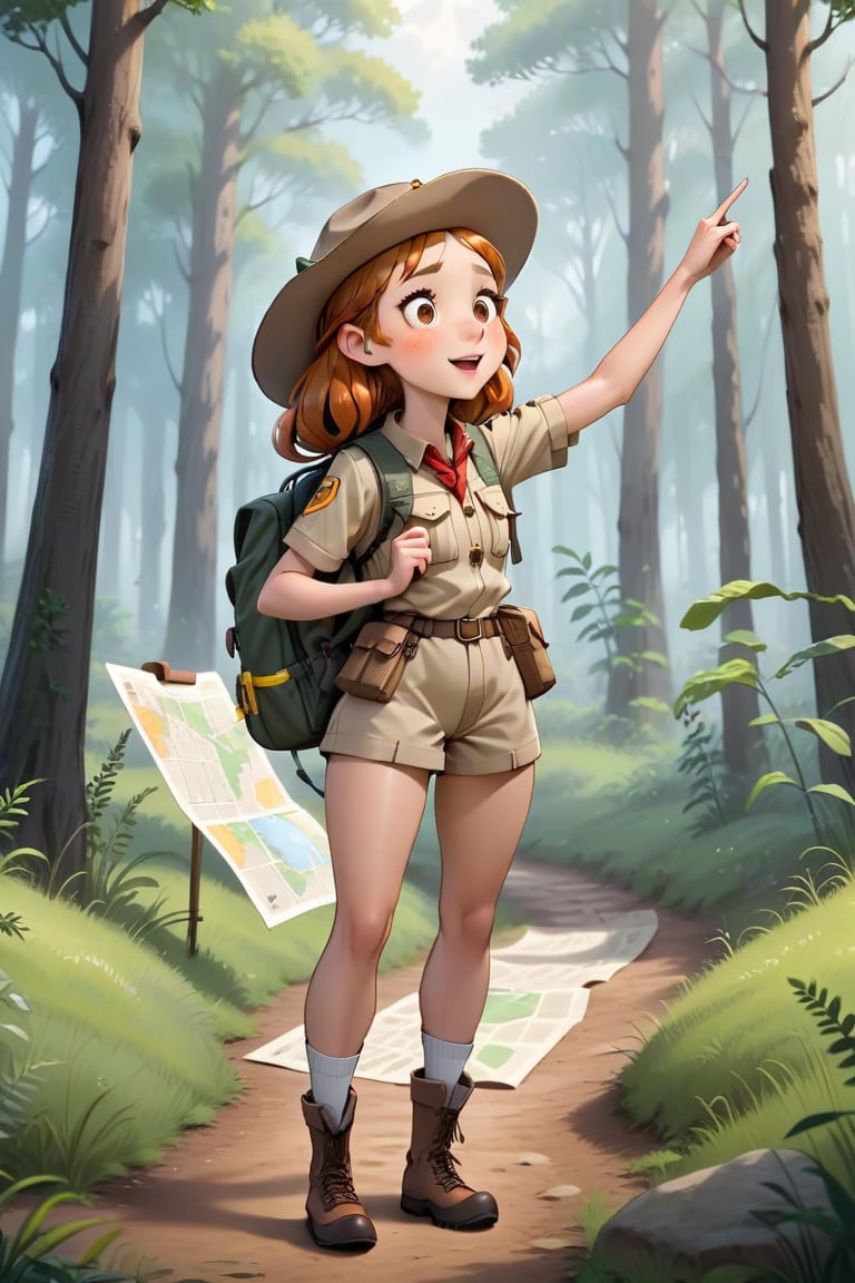 Generate a girl named Gibree who is a cheerful little forest guide standing at the entrance of the forest. She should be d...
