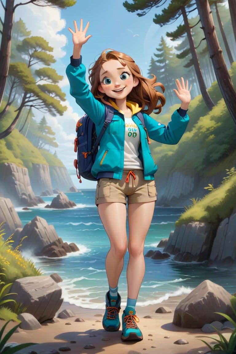 Generate a girl named Gibree who is a cheerful little forest guide standing at the entrance of the forest. She should be d...