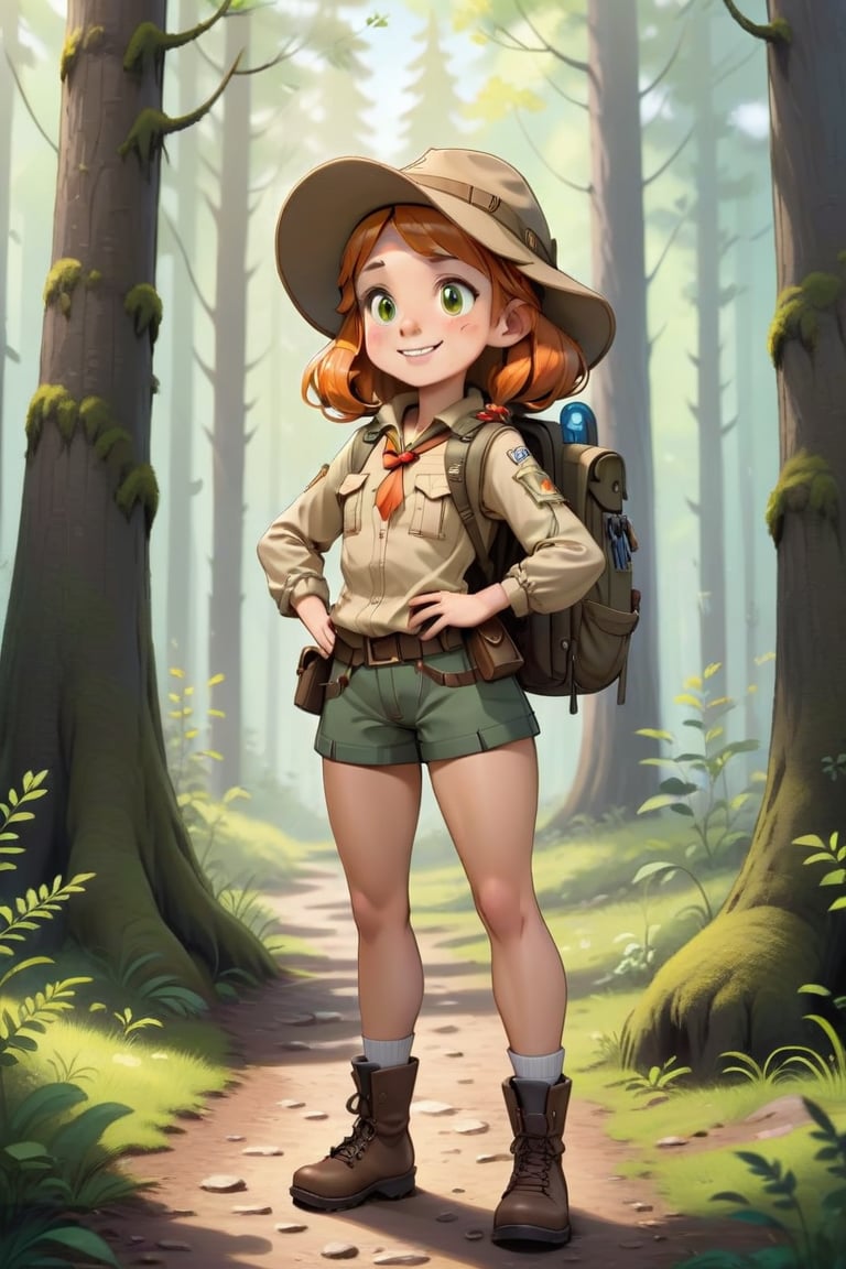 Generate a girl named Gibree who is a cheerful little forest guide standing at the entrance of the forest. She should be d...