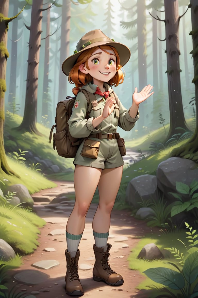 Generate a girl named Gibree who is a cheerful little forest guide standing at the entrance of the forest. She should be d...