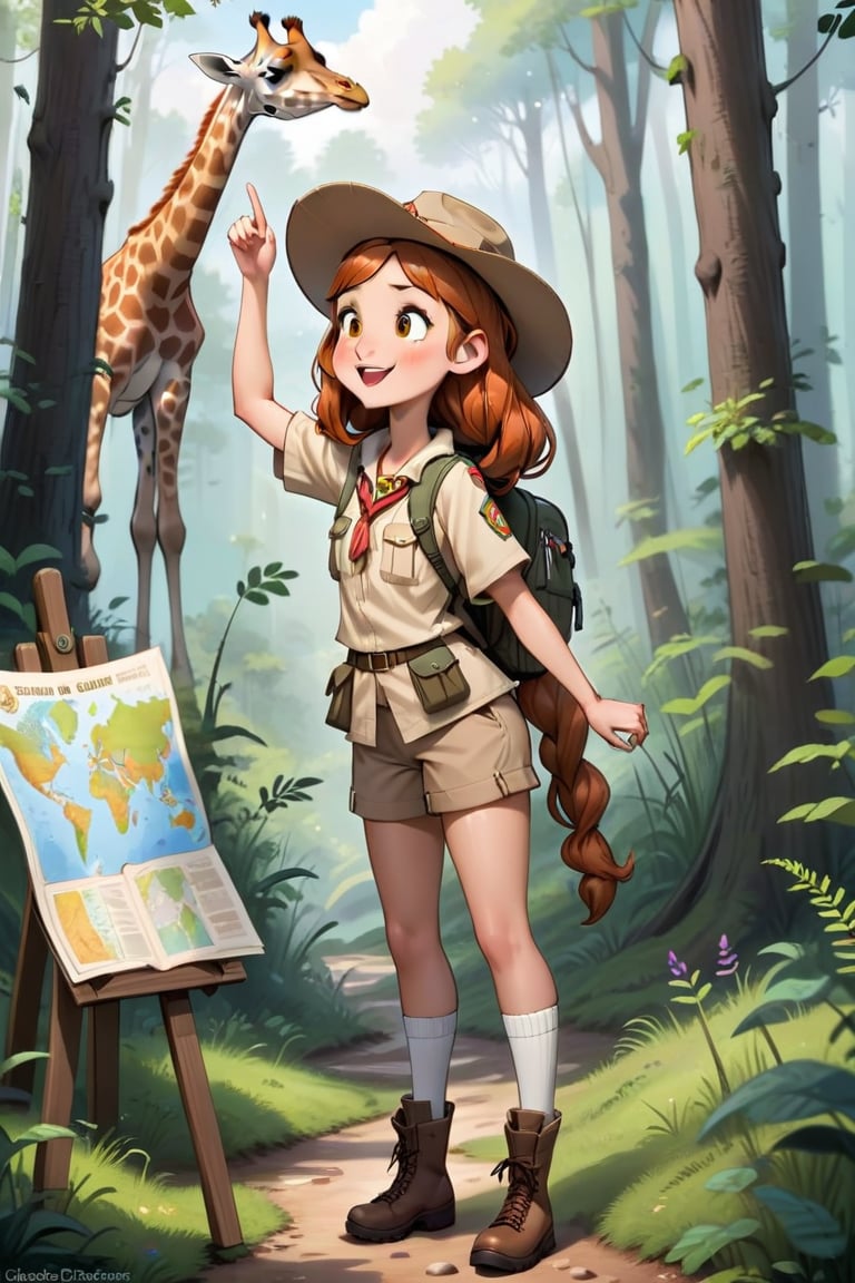Generate a girl named Gibree who is a cheerful little forest guide standing at the entrance of the forest. She should be d...