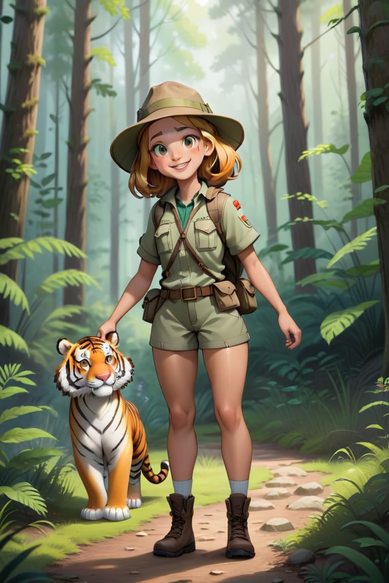Generate a girl named Gibree who is a cheerful little forest guide standing at the entrance of the forest. She should be d...