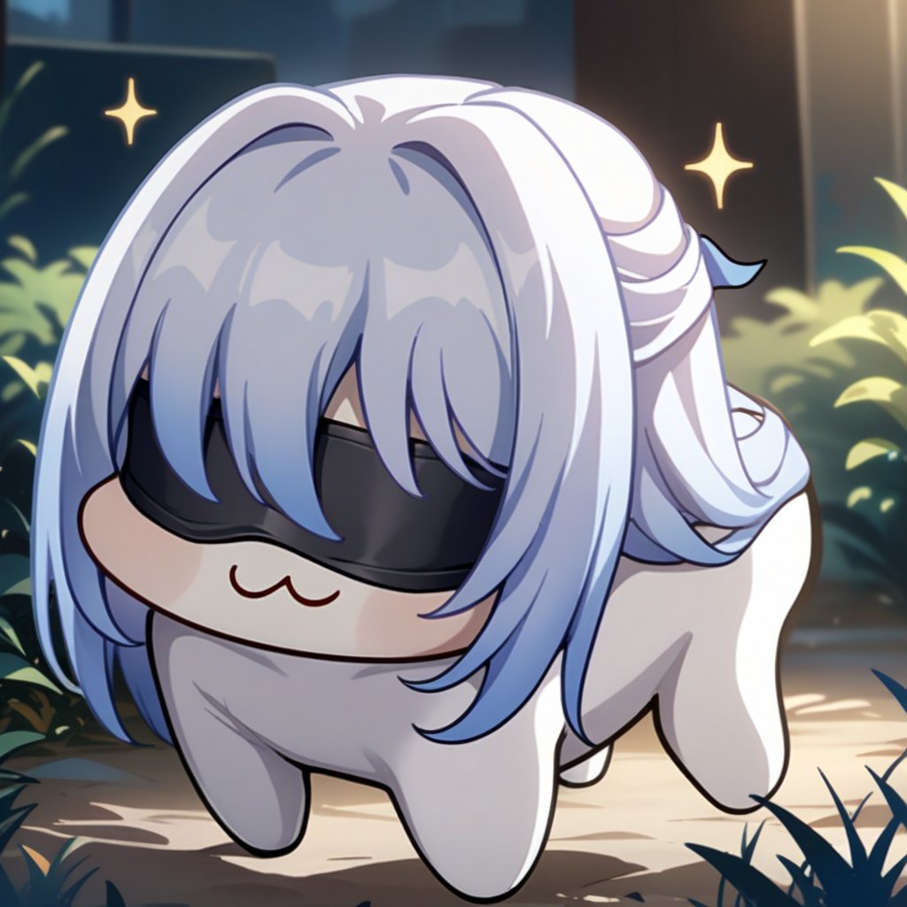  source_anime, jingliu, white hair, blindfold, solo, doro, :3, chibi, solid circle eyes, white skin, all fours, sparkle, masterpiece, best quality, \:3, no humans, no pupils, creature, outdoor