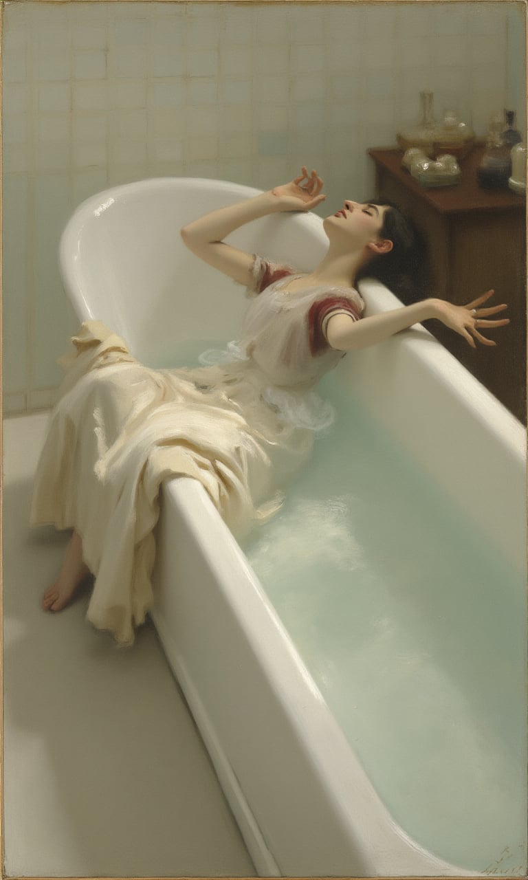 sargent_x, oil painting style, 1800s, Victorian Style, dramatic mood,The image shows a young woman lying in a white bathtub with her eyes closed and her head resting on the edge of the tub. She appears to be relaxed and enjoying the water. The bathtub is surrounded by a white tiled wall and there are a few bottles and other items scattered around the bathtub. The overall mood of the image is peaceful and serene.,oil painting style, 1800s, Victorian Style, dramatic mood