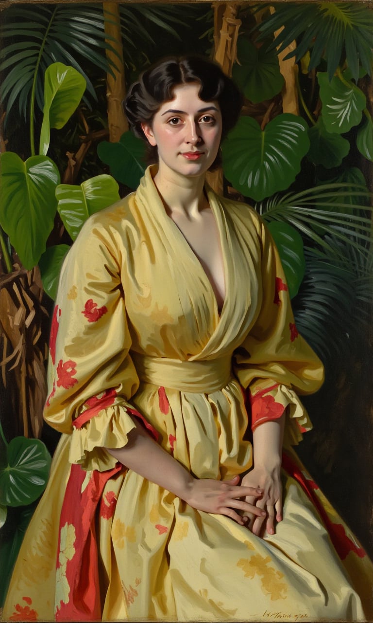 sargent_x, oil painting portrait of a young woman sitting in a tropical setting. She is wearing a long, flowy dress with a yellow and red tie-dye pattern. The dress has a deep V-neckline and long sleeves. The woman has shoulder-length dark hair styled in loose curls and is looking directly at the camera with a serious expression. The background is filled with green plants and foliage, creating a lush and tropical atmosphere. The lighting is soft and natural, highlighting the woman's features.,1800, Victorian Style