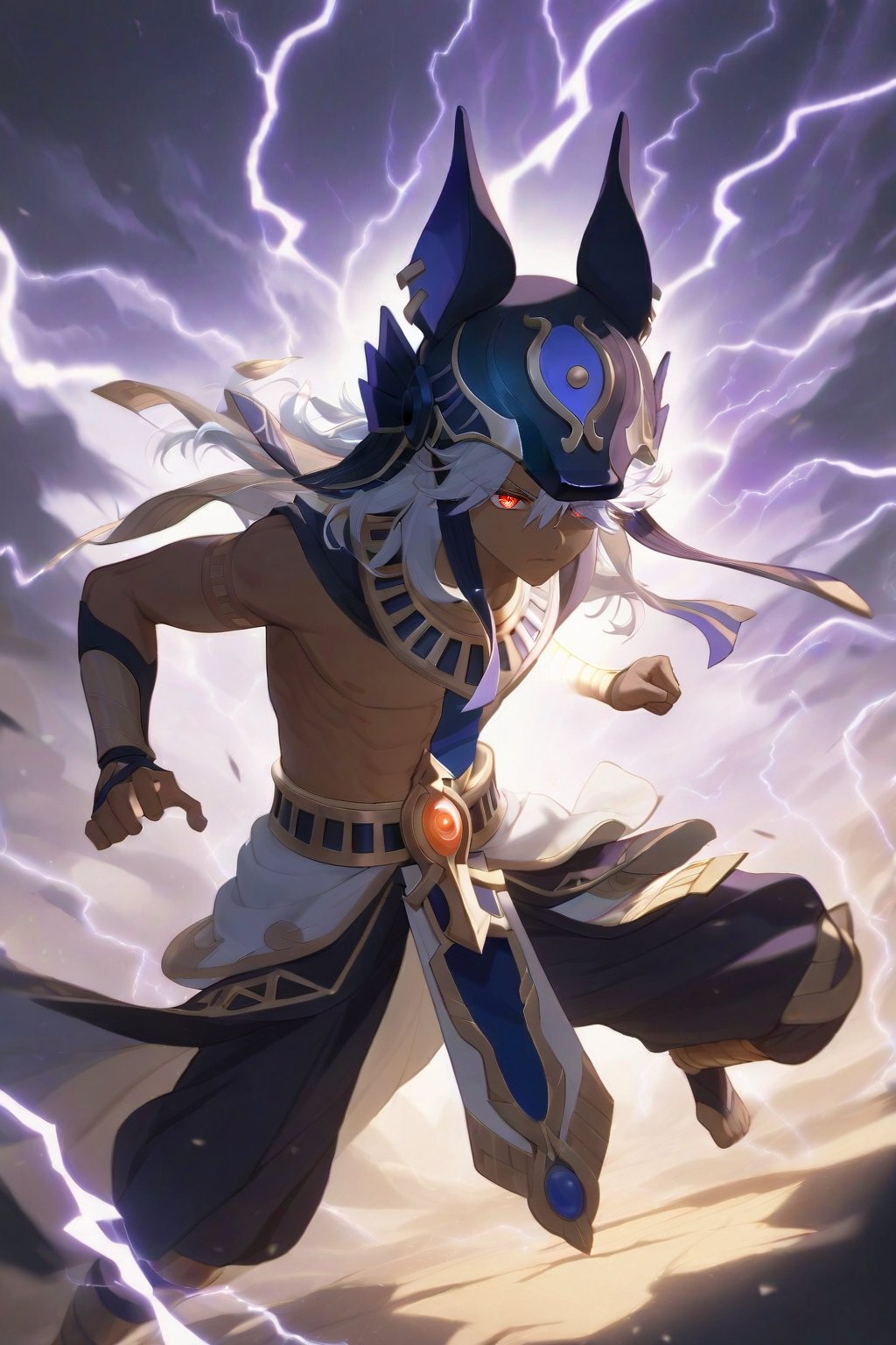 best quality, (masterpiece), high_res, 8K, gradient,highres,absurdres,highly detailed,1boy, solo, male_focus,young boy,cyno,white hair,hair over one eye,long hair,dark-skinned male,red eyes,dark skin,hat, animal hat,egyptian clothes,epic lighting,stormy clouds,powerful,cold expression,enveloped in purple lightning and aura,wearing giant gauntlet,jumping,preparing to attack,attack,fierce,divine,divine atmosphere,dramatic lighting, majesty,gradient background,vivid colors,dynamic scene, fanatsy atmosphere,genshin impact,close-up face,(purple thema),scenery,sparkling eyes,twinkle in the eyes,glowing eyes,boy appears fierce and divine,glaring,electricity,lightning powers,fighting stance,dynamic angle,leaning_forward,
