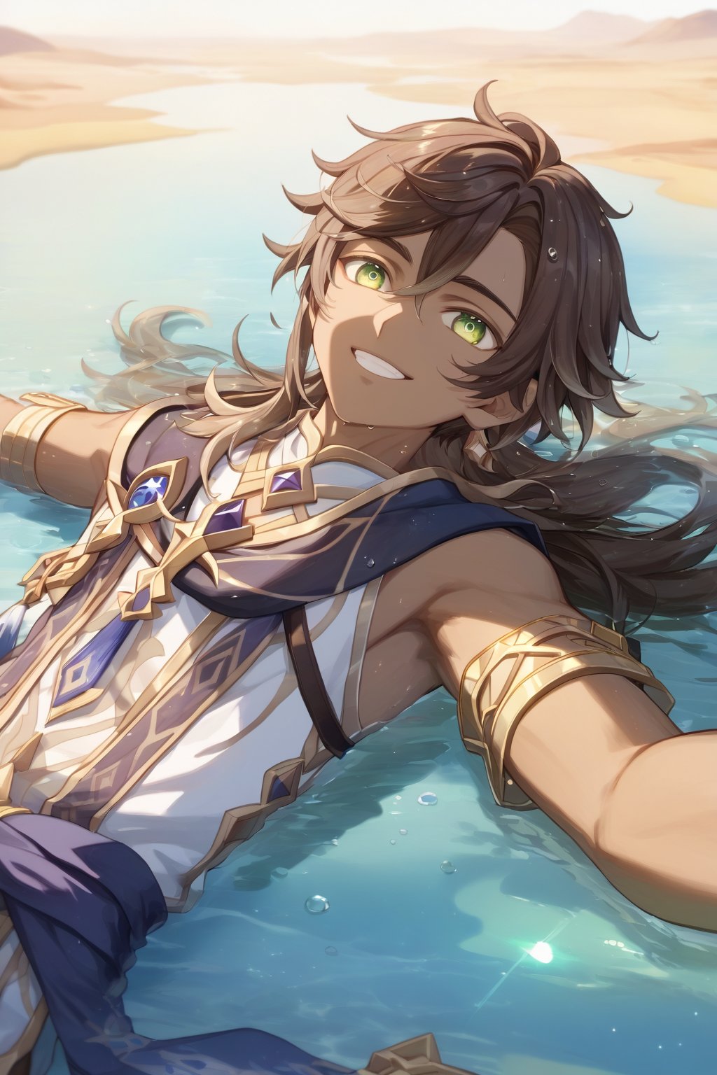 best quality, (masterpiece), high_res, 8K, gradient,highres,absurdres,highly detailed,1boy, solo, male_focus,young boy,sethos,brown hair,long hair,green eyes,dark skin,dark-skinned male,afloat, smirk,grin,golden sunlight,desert,oasis, gradient background,genshin impact,ghibli,looking away,looking_at_viewer,close-up,,scenery,twinkle in the eyes,glowing eyes,bright highlight,(from above:1.2),outstretched arms to the sides,(lying on back:1.3),