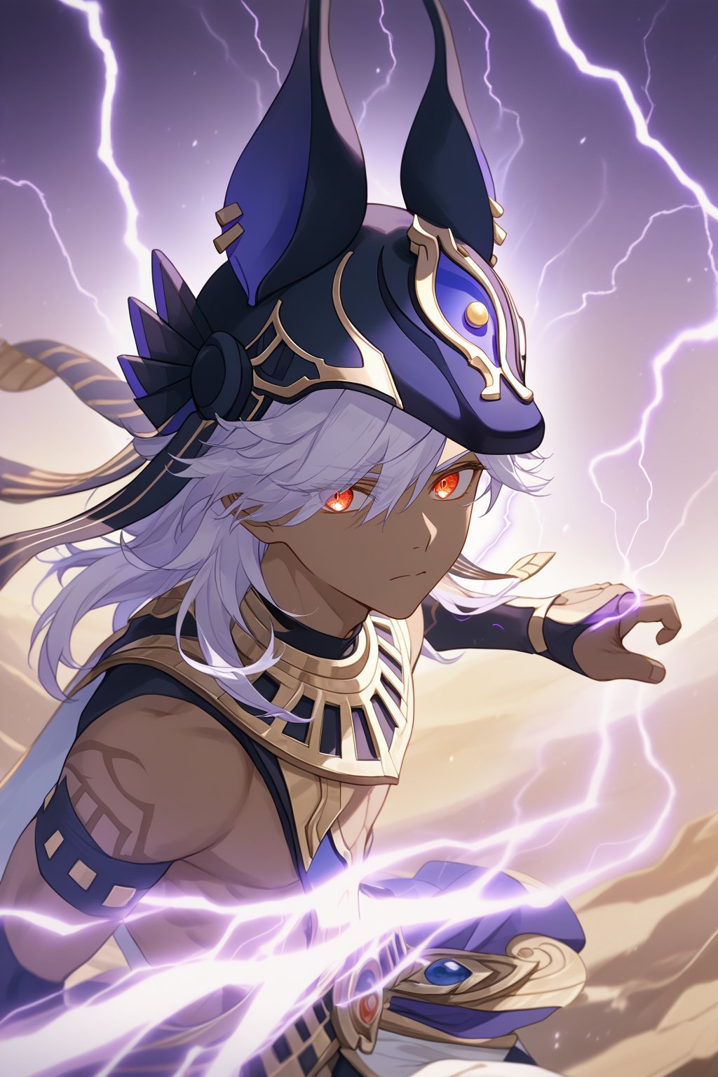 best quality, (masterpiece), high_res, 8K, gradient,highres,absurdres,highly detailed,1boy, solo, male_focus,young,cyno,white hair,hair over one eye,long hair,dark-skinned male,red eyes,gradient hair,dark skin,hat, animal hat,egyptian clothes,epic lighting,cold expression,enveloped in purple lightning and aura,(in the air:1.1),preparing to attack,attack,fierce,divine,divine atmosphere,dramatic lighting,majesty,gradient background,vivid colors,dynamic scene, fanatsy atmosphere,genshin impact,close-up,(light purple thema:1.3),scenery,glowing eyes,boy appears fierce and divine,glaring,lightning powers,,from above,(watercolor:1.2),warm soft color,cowboy_shot,cinematic lighting,leaning_forward,,from side,releasing purple lightning bolts from hand,Kicking,looking_at_viewer,,wearing purple gauntlet