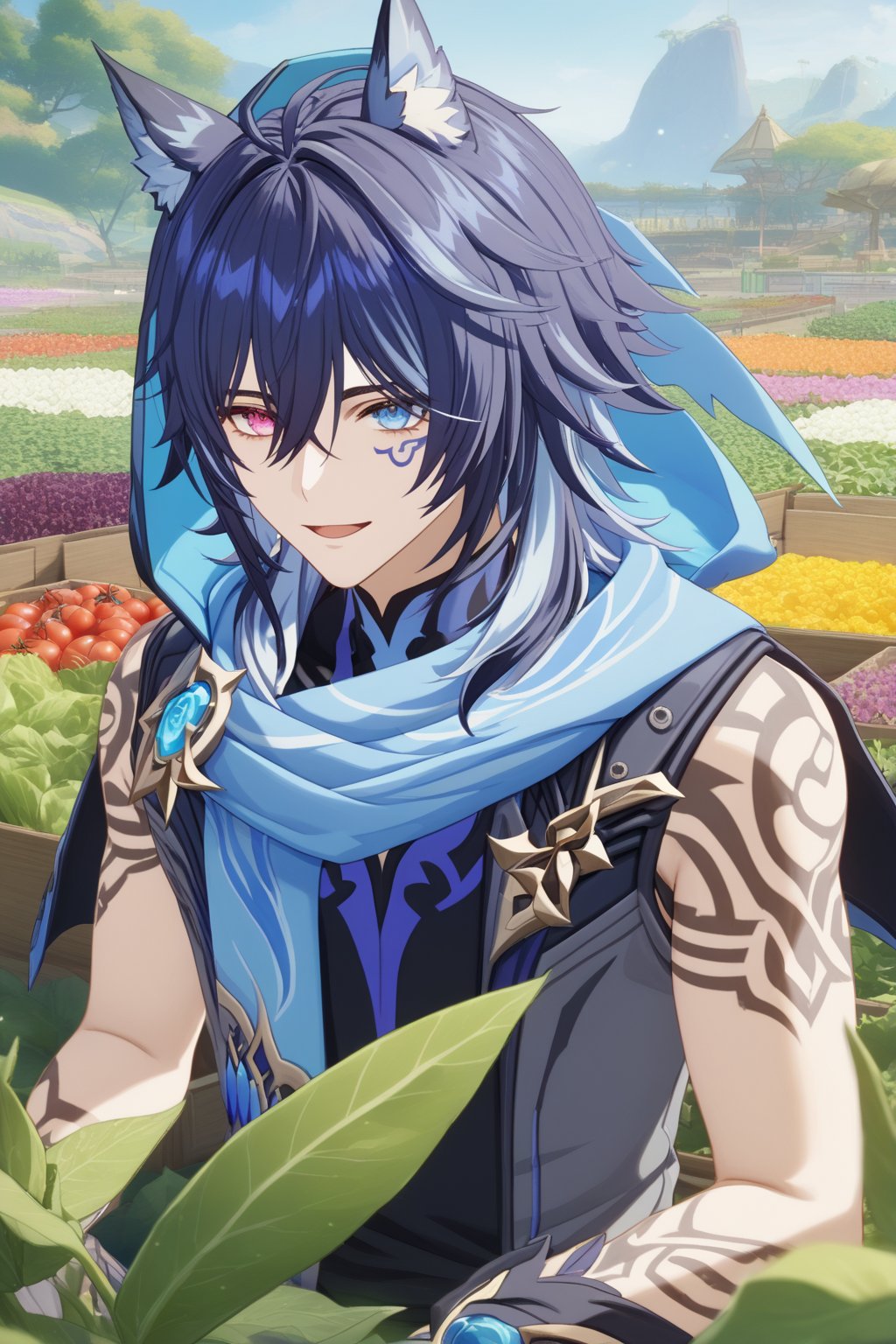 best quality, (masterpiece), high_res, 8K, gradient,1boy, solo, male_focus,Ororon,(blue hair:1.1),light blue streaked hair,medium hair,heterochromia,pink eye,blue eye,facial mark,arms tattoo,one animal ear,black sleeveless shirt, blue scarf, blue hood,young_boy,highres,absurdres,highly detailed, gradient background,dutch_angle,garden,scenery,sunlight,:3,happy,joyful,smile,,looking side,vegetables,Japanese white radish,tomato