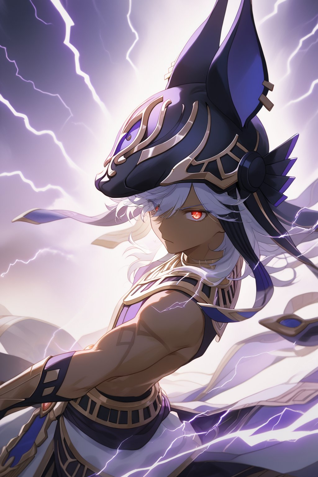 best quality, (masterpiece), high_res, 8K, gradient,highres,absurdres,highly detailed,1boy, solo, male_focus,young,cyno,white hair,hair over one eye,long hair,dark-skinned male,red eyes,dark skin,hat, animal hat,egyptian clothes,epic lighting,powerful,cold expression,enveloped in purple lightning and aura,,in the air,preparing to attack,attack,fierce,divine,divine atmosphere,dramatic lighting,hands covered lightning,hands take on lightning,majesty,gradient background,vivid colors,dynamic scene, fanatsy atmosphere,genshin impact,close-up,(purple thema:1.2),scenery,glowing eyes,boy appears fierce and divine,glaring,electricity,lightning powers,fighting stance,(from side:0.9),(watercolor:1.2),warm soft color,cowboy_shot,looking_at_viewer,cinematic lighting,leaning_forward,reaching_out