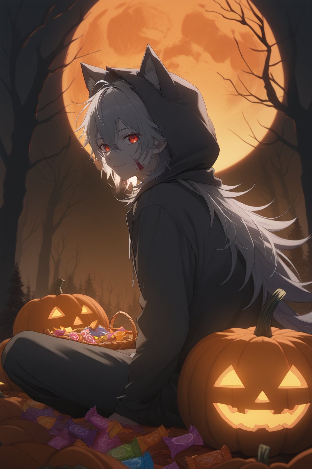 best quality, (masterpiece), high_res, 8K, gradient,1boy, solo, male_focus,razor,grey hair,long hair,hair between eyes,red eyes,scar,scar on face,scar on arm,young_boy, smile,highres,absurdres,highly detailed,sitting, Halloween theme, gradient background, sitting cross-legged,vivid colors, dreamy scene, shota,dutch_angle,gray wolf costume,sunset,forest,horror atmosphere, halloween,scenery,closed_mouth,animal costume, animal hood,passionate(orange theme:1.4),spooky,cinematic lighting,atmospheric lighting,dark,large red moon,trees,(from side),close-up,looking_at_viewer,