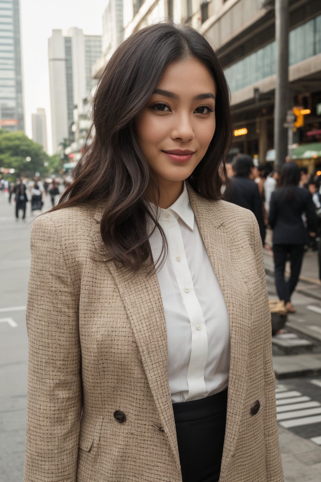 Front view, with her facing and body directly forward, very realistic.Captivating solo portrait of a stunning woman on the bustling streets of Bangkok. Framed by the vibrant cityscape, she stands confidently, gazing straight into the camera lens. Her long, dark brown hair flows down her back like a waterfall, as her flawless skin and expressive eyes captivate the viewer's attention. Her face, sculpted with high cheekbones, full lips, and a charming smile, shines with natural charm. She wears a stylish suit outfit that blends high-end fashion with casual flair, complete with vibrant colors and luxurious textures. The front view showcases her direct gaze, highlighting her confident and friendly demeanor.