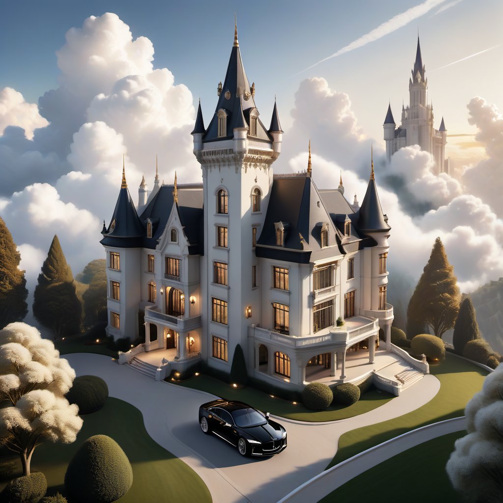 A majestic mansion with grandiose architecture and opulent details floats serenely above the fluffy white clouds, its turrets and spires reaching for the sky. A sleek, black luxury car with gleaming chrome accents and razor-sharp lines hovers beside it, as if suspended in mid-air, bathed in a warm, golden light.