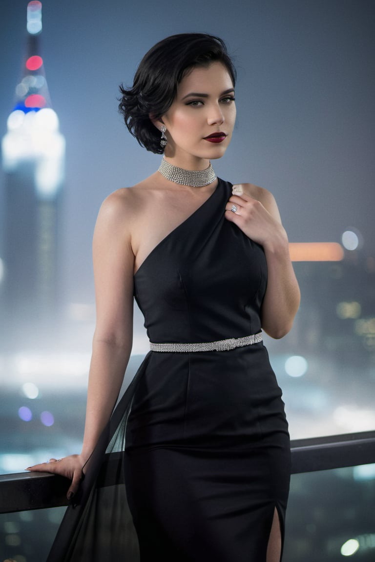 A young woman with sharp features and lush short black hair stands confidently in front of a blurred cityscape, her piercing gaze aimed directly at the viewer. She wears an elegant black dress that hugs her curves, paired with elbow-length black gloves and high-heeled sandals. A necklace sparkles around her neck, complemented by dangling earrings. Her dark hair cascades down her back, framing her face as she exudes poise and sophistication. In the background, a sleek car is barely visible through the fog, adding to the overall allure of this sensual solo portrait.