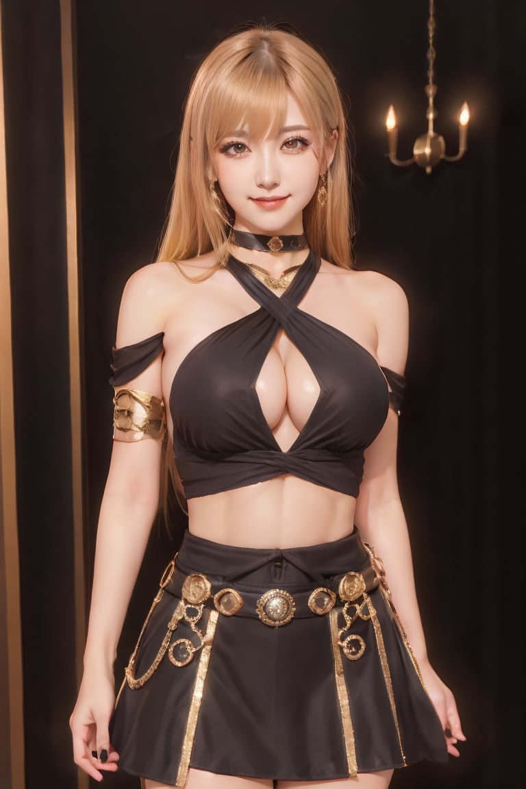 masterpiece, best quality,
1girl, solo, 
long hair, skirt, large breasts, blonde hair, navel, jewelry, standing, cowboy shot, black dress, halterneck, arms behind back, armlet, arm behind back, indoor, japanese, upper body, beautiful face,
beautiful fingers, beautiful hands
bangs, looking at viewer, smile, beautiful detailed eyes, sparkling eyes, cleavage, 32k, photorealistic, ultra-detailed, finely detailed, detailed skin texture, 
beautiful hands, high resolution, perfect dynamic composition, sharp-focus,FFIXBG