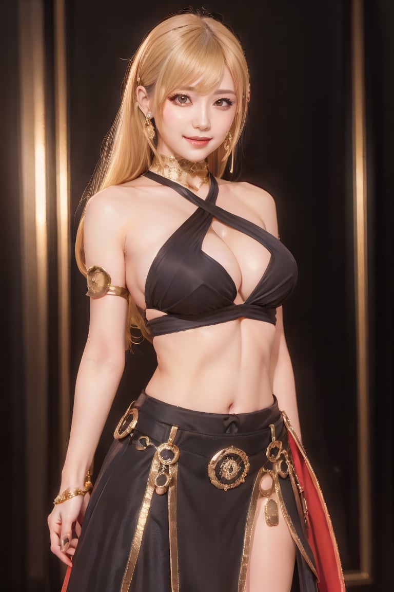 masterpiece, best quality,
1girl, solo, 
long hair, skirt, large breasts, blonde hair, navel, jewelry, standing, cowboy shot, black dress, halterneck, arms behind back, armlet, (arm behind back), indoor, japanese, upper body, beautiful face,
beautiful fingers, beautiful hands
bangs, looking at viewer, smile, beautiful detailed eyes, sparkling eyes, cleavage, 32k, photorealistic, ultra-detailed, finely detailed, detailed skin texture, 
beautiful hands, high resolution, perfect dynamic composition, sharp-focus,FFIXBG