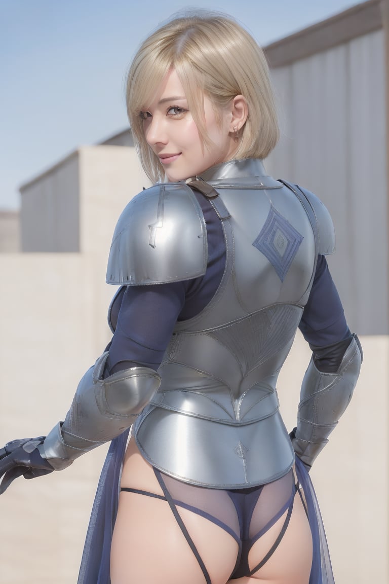 masterpiece, best quality,underboob,
1girl, solo, short hair, blonde hair, underwear, panties, ass, from behind, armor, black panties, back, cross, shoulder armor, gauntlets, thong, pauldrons, breastplate, faulds, chainmail,
outdoor, upper body, beautiful face,
bangs, looking at viewer, smile, beautiful detailed eyes, sparkling eyes, 32k, photorealistic, ultra-detailed, finely detailed, detailed skin texture, (beautiful fingers), beautiful fingertip,(5 finger,)
beautiful hands, high resolution, perfect dynamic composition, sharp-focus