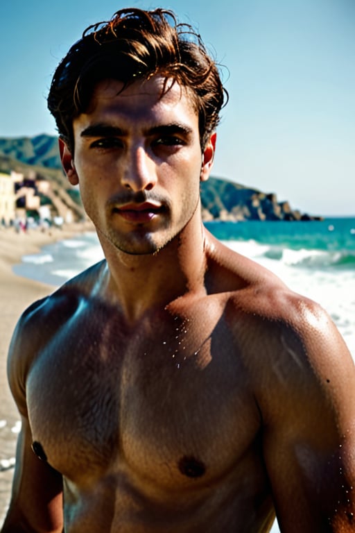 Model shooting, daytime, muscled Italian man in his late 20s, 
by the beach, clean, romantic and fresh, with a bright tone and a bright light blue overall. Focusing on the upper body, the light and shadow are obvious, the characters are lifelike, the texture is realistic, the delicate skin has clear texture, and the skin is white to red. Best Image Quality - ar 3:4