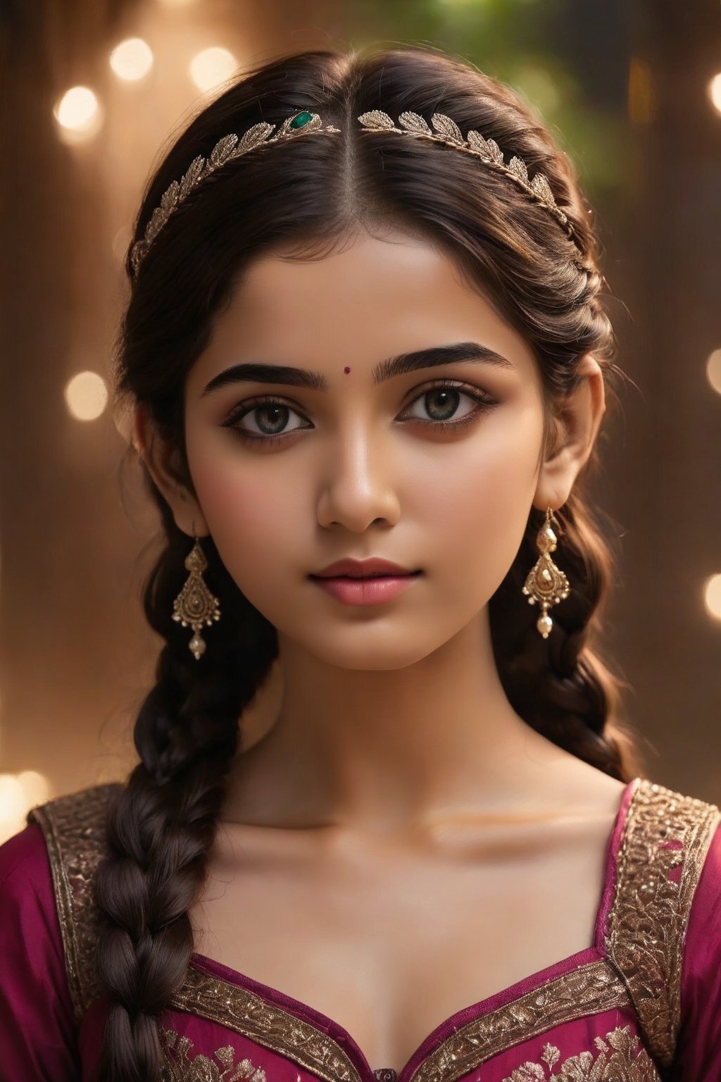 A breathtakingly beautiful 18-year-old girl named Anikha, who is the epitome of elegance and charm. She stands out as the central focus of this ultra-detailed, 8K resolution masterpiece with a perfect score of 9 and a UHD rating of 1.3. Her delicate facial features are captured with a stunning realism that's amplified by a majestic score of 1.5, making her appear as if she's stepped out of a high-definition dream. Her skin glows with a soft blush, perfectly accentuating her detailed, natural beauty. Her eyes, a rich brown, are filled with a blissful vibe, reflecting the cinematic lighting that surrounds her. They are so realistic and sharp that they seem to hold secrets of the universe within them. The exquisite twin braids of her long, shining hair are adorned with a hair ornament that adds an extra touch of elegance to her already flawless look. The background, a canvas of blurred perfection with a score of 1.7 for background blur, showcases an intricate peacock feather design that complements the overall aesthetic without overwhelming the main subject.