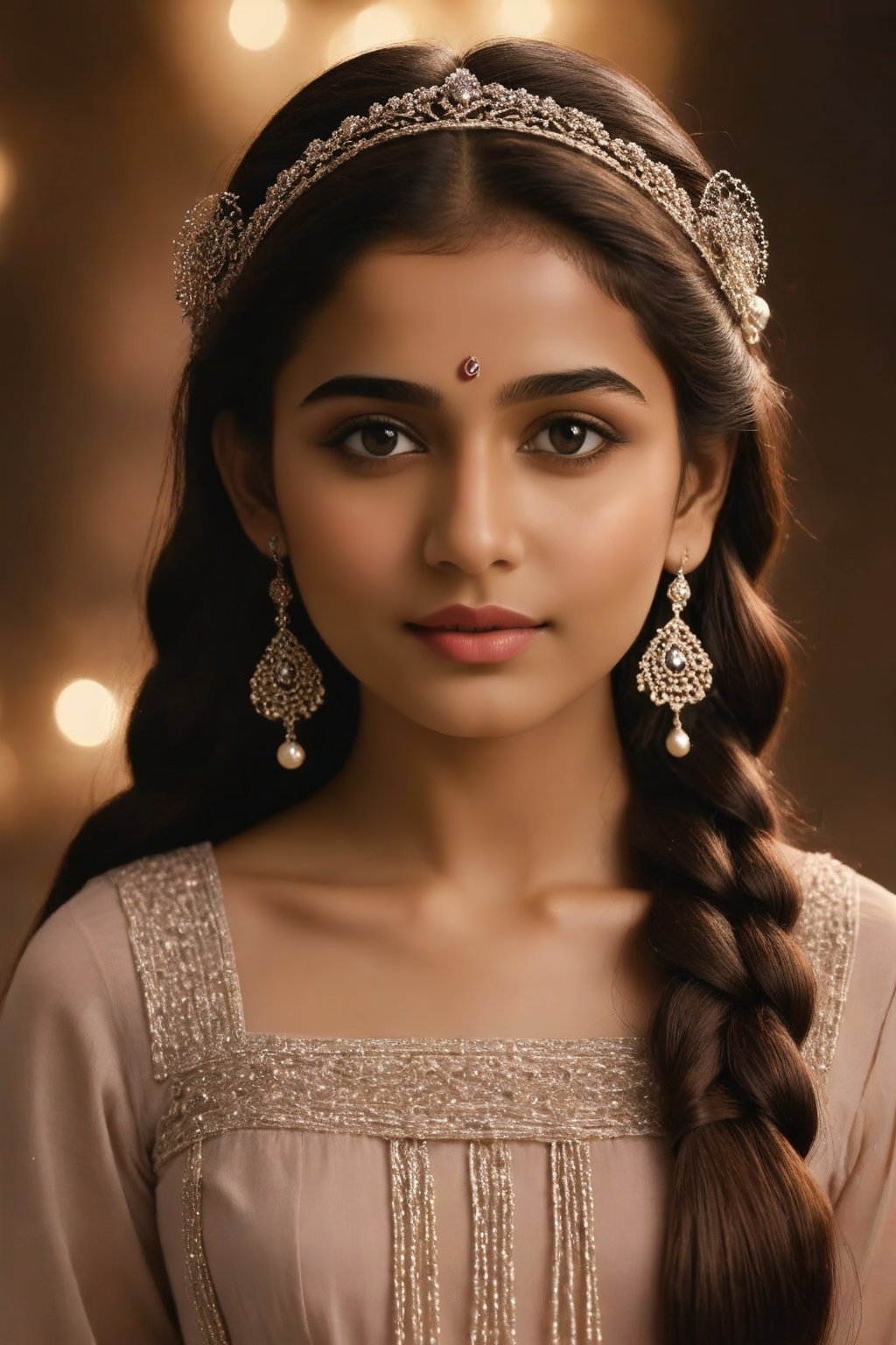 A breathtakingly beautiful 18-year-old girl named Anikha, who is the epitome of elegance and charm. She stands out as the central focus of this ultra-detailed, 8K resolution masterpiece with a perfect score of 9 and a UHD rating of 1.3. Her delicate facial features are captured with a stunning realism that's amplified by a majestic score of 1.5, making her appear as if she's stepped out of a high-definition dream. Her skin glows with a soft blush, perfectly accentuating her detailed, natural beauty. Her eyes, a rich brown, are filled with a blissful vibe, reflecting the cinematic lighting that surrounds her. They are so realistic and sharp that they seem to hold secrets of the universe within them. The exquisite twin braids of her long, shining hair are adorned with a hair ornament that adds an extra touch of elegance to her already flawless look. The background, a canvas of blurred perfection with a score of 1.7 for background blur, showcases an intricate peacock feather design that complements the overall aesthetic without overwhelming the main subject.