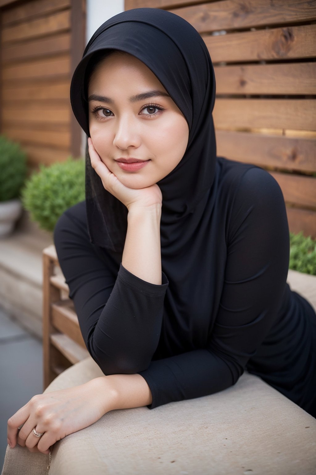 A stunning hijab beauty poses confidently in a full-body shot against a warm, rustic backdrop reminiscent of the Pakistan West. Her oval-shaped body and beautiful round face radiate warmth and kindness as she gazes directly into the camera. Soft brown eyes sparkle with a faint smile, while curly eyelashes frame her features. Her hand rests behind her head, showcasing natural beauty. The focus is sharp, with detailed textures and subtle highlights in 4K resolution, making every aspect of this masterpiece photograph look breathtakingly realistic.