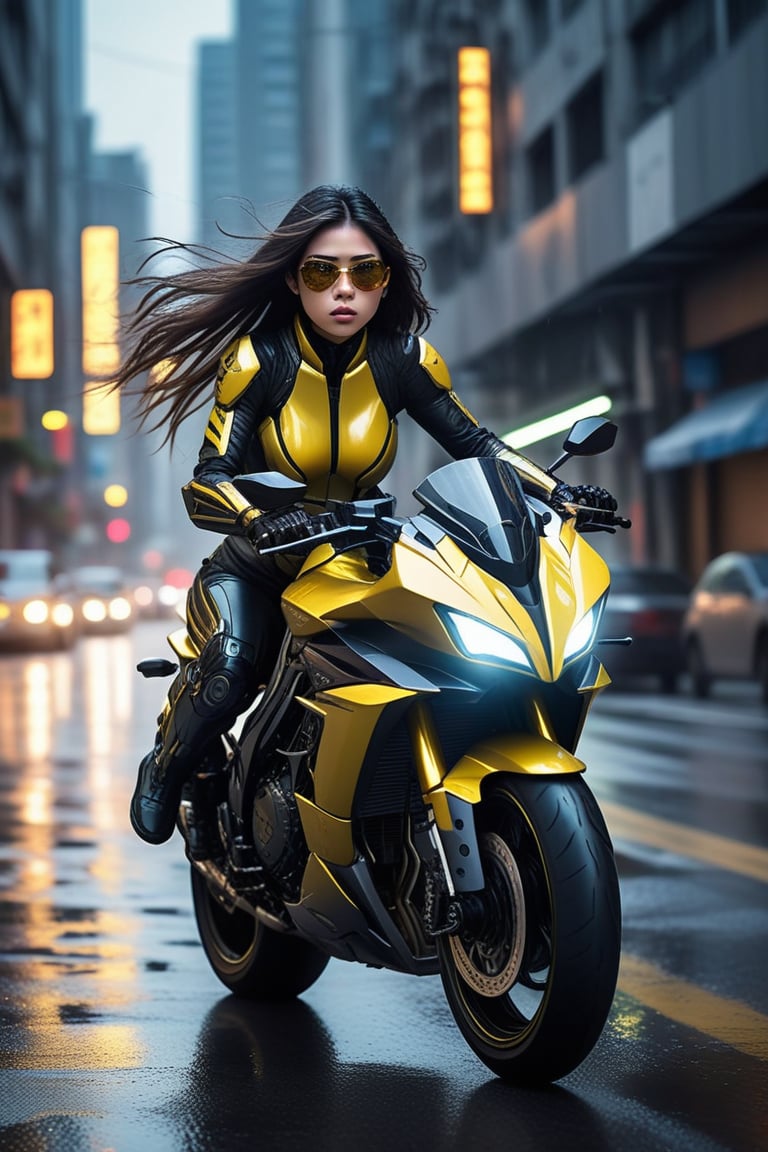 A cyborg girl, 20 years old, clad in black and yellow mecha armor with neon light lines glowing like electric veins, her exquisite face framed by long hair blowing in the wind. She wears sunglasses, a fierce focus etched on her expression as she rides the Kawasaki Ninja H2R at high speed down a city street backdrop of wet pavement and urban sprawl. Dynamic pose captures her determination as the camera zooms in with sharp focus, high contrast, and masterful use of rule of thirds and depth of perspective. The award-winning photo shines bright like a beacon on Artstation, its chiaroscuro lighting casting an otherworldly glow, ek_g1rl_02 by ek_art_b00ster.