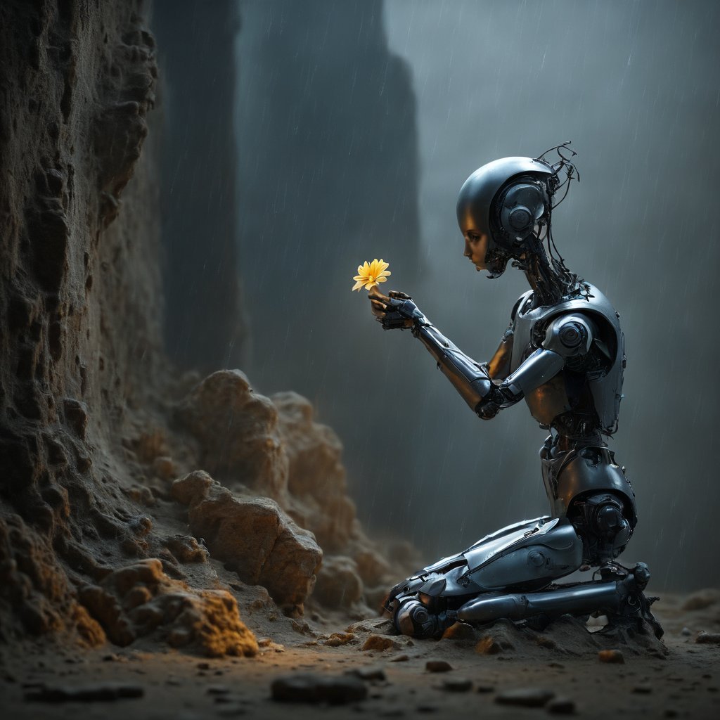 Rain-soaked ruin, 8k ultra high res: A robot kneels amidst crumbling walls, one knee bent in gentle reverence. Its endearing features, less sleek than usual, convey melancholy as it pinches a single flower between metallic fingers. The delicate petals and raindrops glisten under dim lighting, contrasting with the desolate atmosphere. The robot's forlorn gaze fixes on the flower, symbolizing hope or reflection amidst the devastation. Warm highlights on its surface humanize the character, inviting empathy despite the post-apocalyptic backdrop.,style,concept,fantasy,wallpaper,art,magic,enhance,DonMM1y4XL,DonMB4nsh33XL 