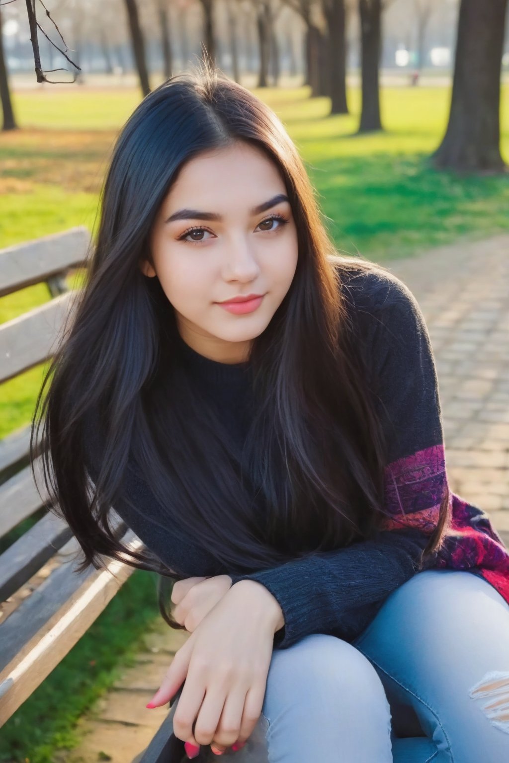 beautiful cute young attractive teenage girl, village girl, 18 years old, cute, Instagram model, long black_hair, colorful hair, warm, dacing,sitting on a bench in the park