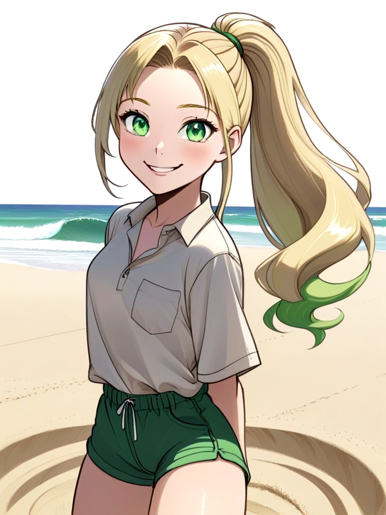 1girl, solo, long hair, smile, blonde hair, shirt, green eyes, ponytail, shorts, beach, sand, wave 