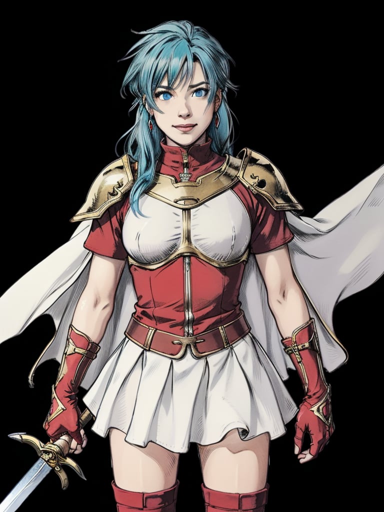 1girl, solo, long hair, looking at viewer, smile, bangs, blue eyes, skirt, thighhighs, gloves, holding, jewelry, blue hair, full body, weapon, sidelocks, earrings, boots, sword, fingerless gloves, cape, holding weapon, armor, zettai ryouiki, aqua hair, floating hair, thigh boots, holding sword, leg up, white skirt, black background, shoulder armor, red gloves, breastplate, eirika \(fire emblem\), in battle