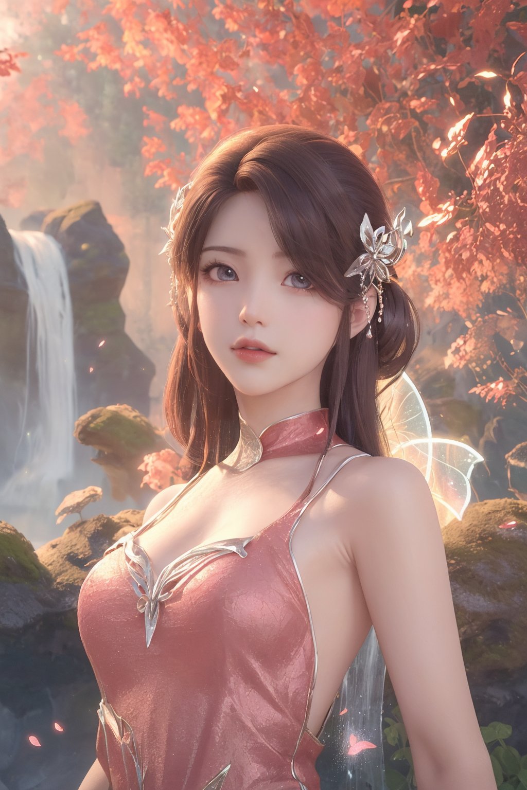 (Best Quality,4K,8K,hight resolution,masutepiece:1.2),Ultra-detailed,(Realistic,Photorealistic,Photorealsitic:1.37),Fairy queen,Shining spells,fantasy forest,Beautiful detailed eyes,Detailed lips, brown hair,enchanting atmosphere,Twinkling lights,fairy wings,Crown of delicate flowers,Magical surroundings,mystical creatures,ethereal beauty,Magic twinkle,A small piece of magic,Elegant gown,Graceful movement,Nature Spirits,Dappled sunlight,Whispering Tree々,Sparkling waterfalls,Ethereal fog,Enchanted creatures,Otherworldly aura,Soft pastel colors,soft and warm lighting,Majestic castle,pixiedust,Fascinating flowers and plants,Sparkling Crystal,dreamy ambiance,Calm and peace,Whimsical and seductive,floating flower petals,gentle wind,Captivating melodies,Hidden paths and secret groves,Glowing mushrooms,Um ser celestial,Fairy Dust