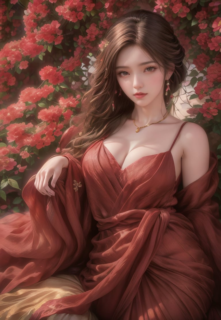 (Best quality,8K,A high resolution,Masterpiece:1.2),Ultra-detailed,(Realistic,Photorealistic,photo-realistic:1.37),Portrait,Creative style artwork,Historical,classical,Sophisticated,plethora of colors,Highly detailed,Soft lighting,luxurious environment,detailed gown,Vibrant flowers,detailed jewellery,Ethereal atmosphere,Elegant Pose,red dress,Graceful curves,Gold body proportions,Flowing hair,Breathtaking textile patterns,Harsh purple eyes,Delicate floral decoration,A dazzling array of crystal accessories,Mysterious and dreamy atmosphere,