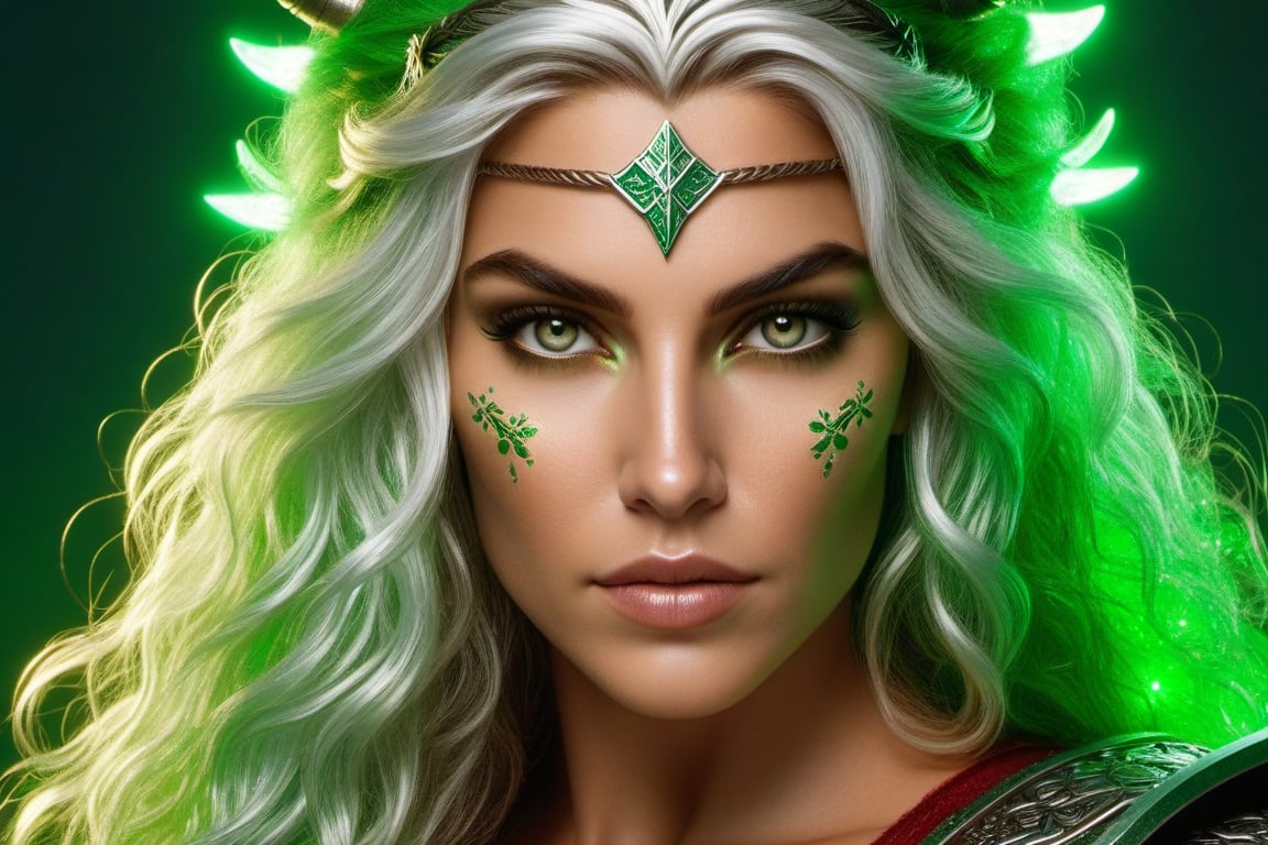 Eu quero uma linda mulher guerreira viking, com o cabelo o mais branco possível e uma mecha vermelha nele, e olhos verde-esmeralda.,8K,REALISTIC,glitter,HQ