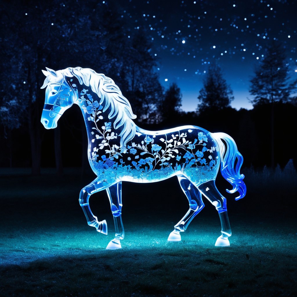 A GLASS HORSE STANDING IN DREAM WORLD AT NIGHT