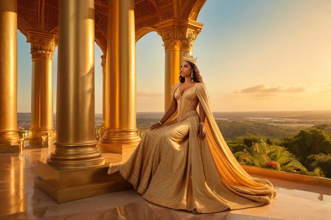 A majestic regal figure stands atop a gleaming throne, crown radiant in 8K HDR glory. Her royal highness, Queen of the World, surveys her dominion with confident majesty, golden light bathing her visage and attire. The lush greenery and majestic architecture of the background fade into the distance, emphasizing her regal presence.