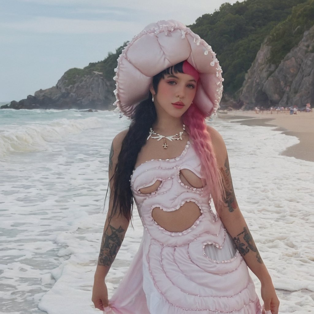 a girl who is entering the sea on a beach, she wears a beautiful long white dress with a white hat with pearls for decoration, the girl has fluffy pink hair black split dye, 4k, 18k, hairstyle, perfect face, After School, Melanie , Adele, Long hair, masterpiece high quality 18K, Hyperrealism, Realistic vision, rosy cheeks, realistic woman, a girl, Woman, best quality, woman, high quality, good lighting, A woman, with split hair, After School, girl, beauty, a girl who is entering the sea on a beach, the girl has fluffy, curly, black split dye pink and black hair, she has a big and beautiful white dress with a white hat, decorated with pearls, she even has a pearl in her right hand, sea, beach, pearls, white dress with pearls, white hat with pearls, pearls, pearls, mother of pearl, sea of ​​pearls