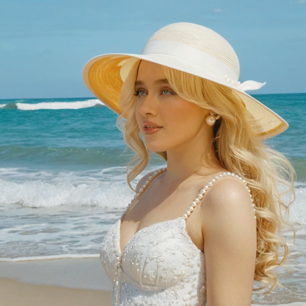 a girl who is entering the sea on a beach,  she wears a beautiful long white dress with a white hat with pearls for decora...