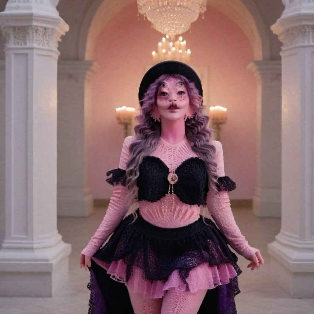 Pink and purple makeup, gorgeous makeup, Standing, in a empty place with candles long train skirt, void00, pink skin, four eyes, Full body, wearing a black detailed crotchet hat with two small blackcrotchet horns, crotchet hat with small crotchet horns, a girl , dark pink short curly hair, cured and detailed outfit, her hair is long and wavy, her hair is long, 4k, 18k, hairstyle, perfect face, Melanie, Adele, Long hair, masterpiece high quality 18K, Hyperrealism, Realistic vision, rosy cheeks, realistic woman, a girl, Woman, best quality, woman, high quality, good lighting, A woman,void00, Long hair, Pink skin, four eyes, Fancy, model, A woman. Pink and purple makeup, gorgeous makeup, Standing, in a empty place with candles long train skirt, void00, pink skin, four eyes, Full body, wearing a black detailed crotchet hat with two small blackcrotchet horns, crotchet hat with small crotchet horns, a girl , dark pink short curly hair, cured and detailed outfit, her hair is long and wavy, her hair is long, 4k, 18k, hairstyle, perfect face, Melanie, Adele, Long hair, masterpiece high quality 18K, Hyperrealism, Realistic vision, rosy cheeks, realistic woman, a girl, Woman, best quality, woman, high quality, good lighting, A woman,void00, Long hair, Pink skin, four eyes, Fancy, model, A woman