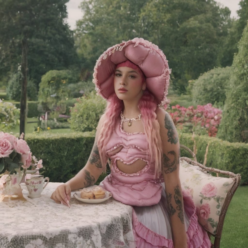 a girl who is sitting at a table ready for a tea hour, she along with the chairs and table is outside so in the background there is a beautiful garden with flowers, she wears a pink dress and a pink hat that matches her dress, the girl has fluffy pink hair black split dye, 4k, 18k, hairstyle, perfect face, After School, Melanie, Adele, Long hair, masterpiece high quality 18K, Hyperrealism, Realistic vision, rosy cheeks, realistic woman, a girl, Woman, best quality, woman, high quality, good lighting, A woman, with split hair, After School, girl, beauty, a girl who is sitting at a table ready for a tea hour, she along with the chairs and table is Outside, in the background there is a beautiful garden with flowers, she wears a pink dress and a pink hat that matches her dress, she has pink and black curly fluffy hair, black split dye, garden, tea time, elegant table , elegant chairs, elegant tea cups and roses, garden, flowers, bushes, pink, elegant, tea time in the garden